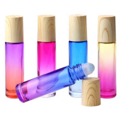 Mini Travel Empty Custom 10ml Gradient Color Wood Grain Cap Glass Roll On Bottle With Stainless Roller Ball