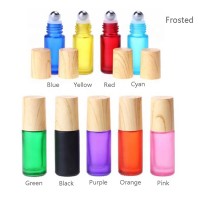 Wholesale 5ml Rainbow Colorful Frosted Glass Roll On Bottles with Stainless Steel Roller Wood Grain Cap